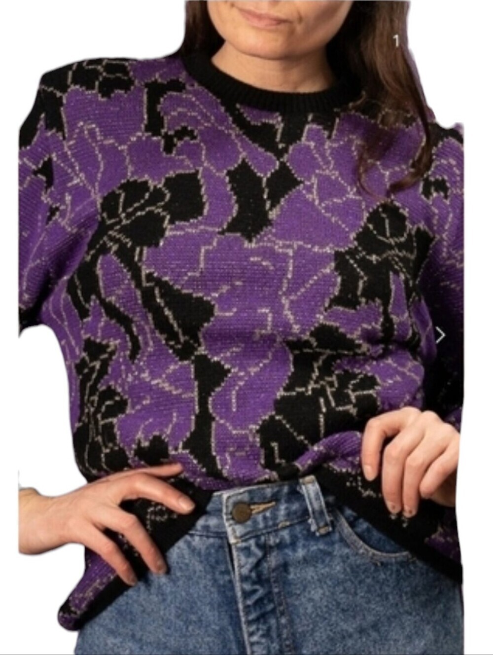 Vintage 80s D'Allairds Purple and Black Knit Metallic Floral Sweater Small